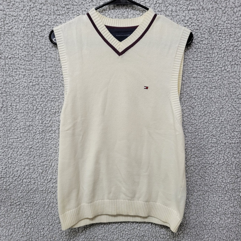 Tommy Hilfiger Mens XS Cream Cotton V-Neck Sweater Vest Burgundy Navy Trim